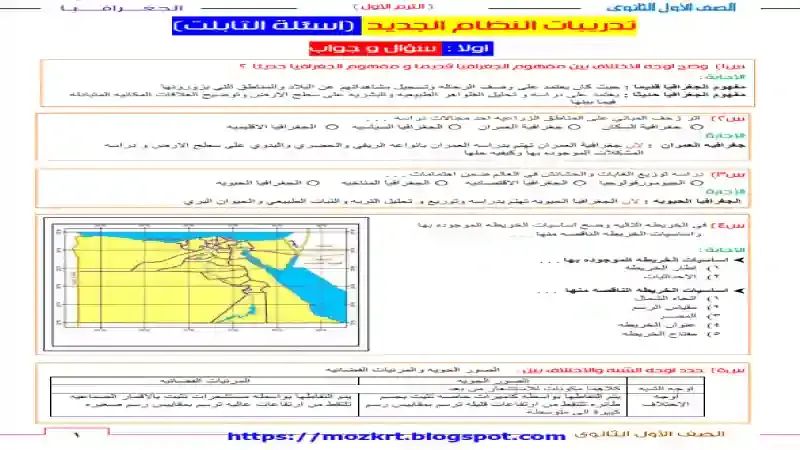 مذكرة تدريبات بالنظام الجديد فى الجغرافيا للصف الاول الثانوي الترم الاول 2021 نظام التابلت