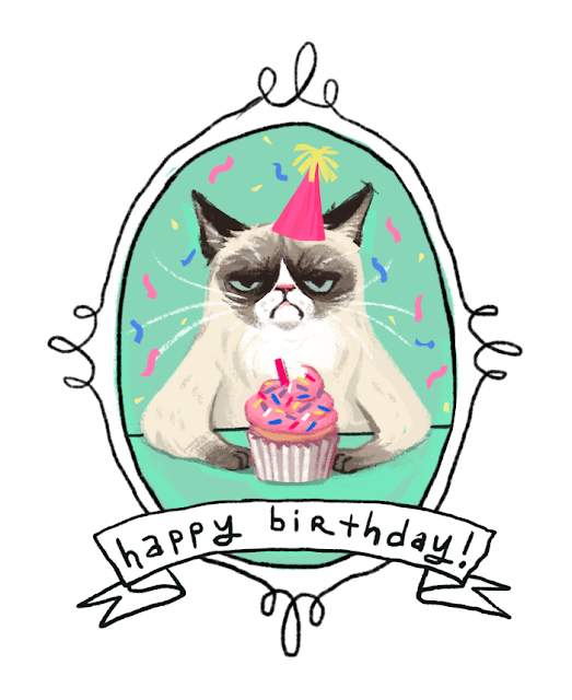 drawing of grumpy cat Tarder Sauce with a cupcake and party hat