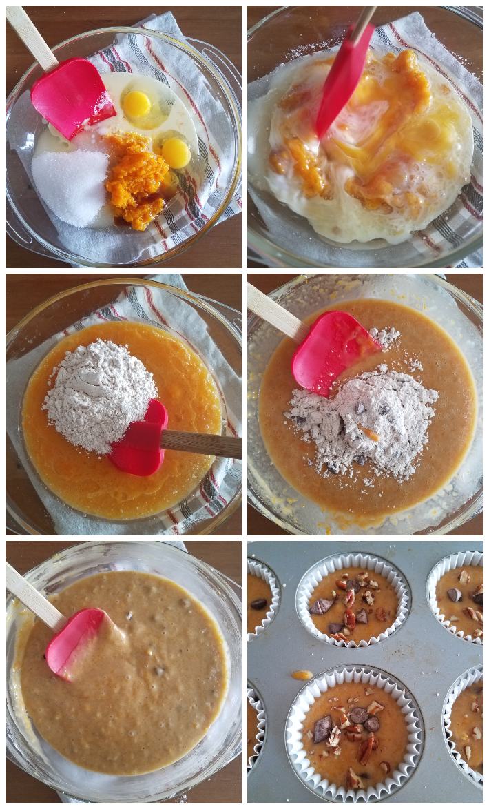 Preparación de los ponquecitos de calabaza, paso a paso, collage de 6 fotos