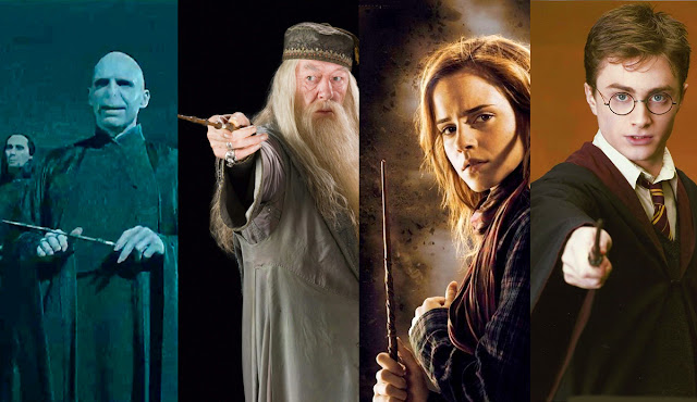 Showing Voldemort, Dumbledore, Hermione and Harry with their wands.
