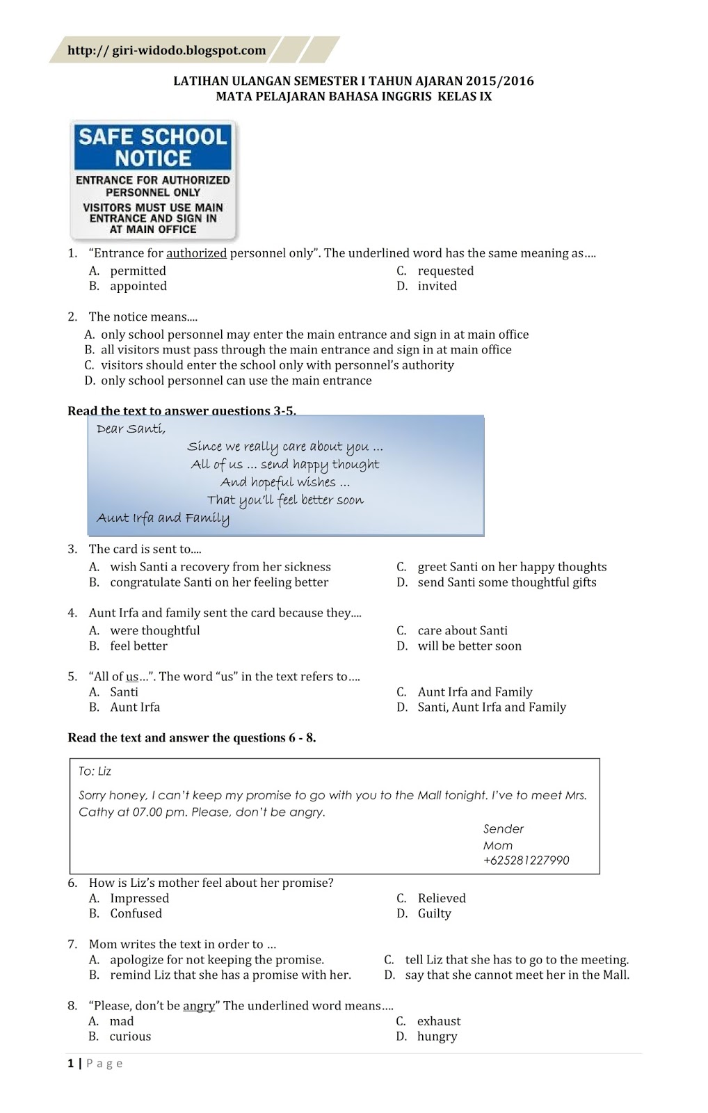  Soal  UAS Ujian Akhir Semester Bahasa  Inggris  Kelas  9  