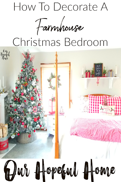 flocked Christmas tree master bedroom red quilt