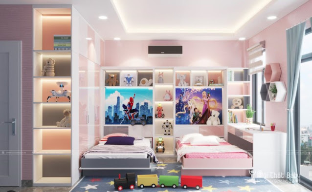 Phòng ngủ với chiếc giường tầng được thiết kế màu hồng đầy nữ tính