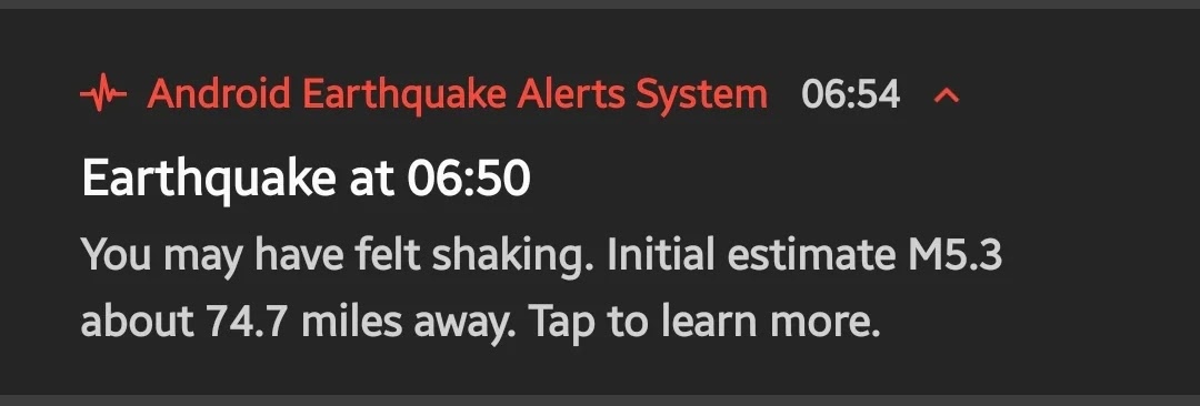 Notification from the Android Earthquake Alerts System