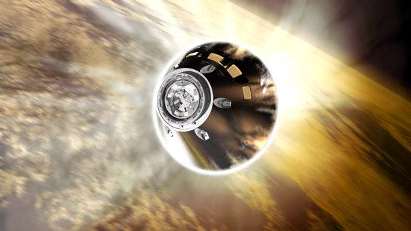 An artist's concept of NASA's Orion spacecraft re-entering Earth's atmosphere.