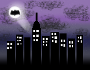 Gotham City à noite e símbolo do Batman nas nuvens.