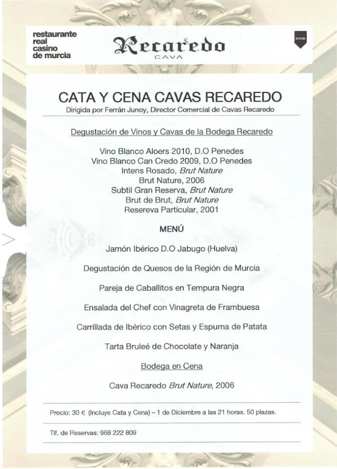 Cata y cena con Cavas Recaredo en el Restaurante Real Casino de Murcia