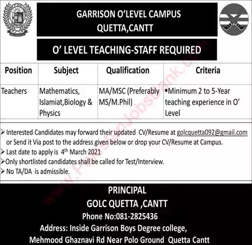 Latest Jobs in Pakistan in Garrison O-Level Campus Quetta Cantt Jobs 2021