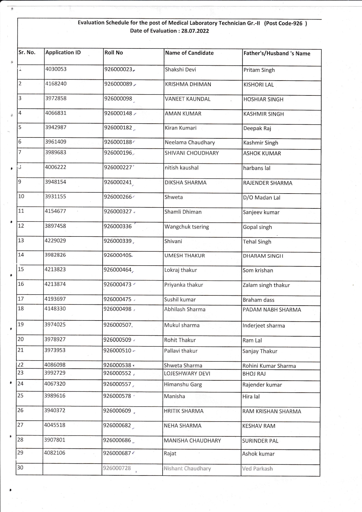 HPSSC Medical Laboratory Gr. II Post Code 926 Documnet Evaluation Schedule 2022