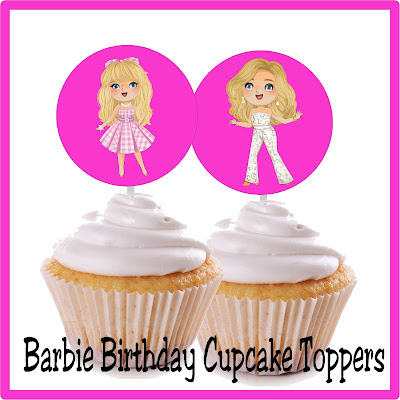 Two white cupcakes with pink cupcake toppers and barbie characters.