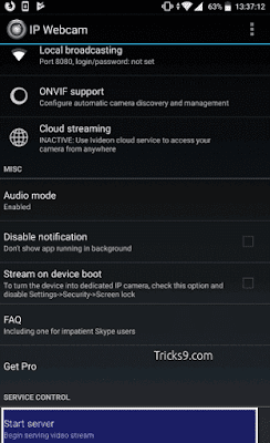 IP Webcam - Using WIFI start server