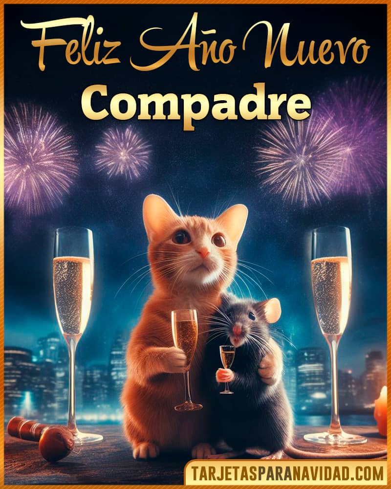 Tarjeta De Feliz Año Nuevo De Gato Y Raton Para Compadre