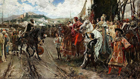 O rei muçulmano Boabdil entrega as chaves de Granada à rainha e ao rei Fernando de Aragão, seu esposo. Francisco Pradilla y Ortiz (1848–1921).