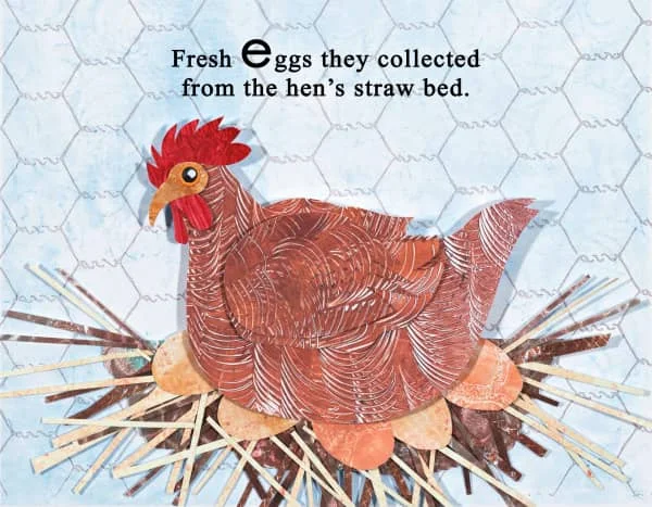 book page illustration of collage art hen sitting on bed of straw with eggs