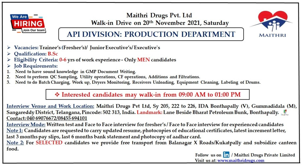 Job Availables,Maithri Drugs Pvt. Ltd Walk-In-Interview For BSc