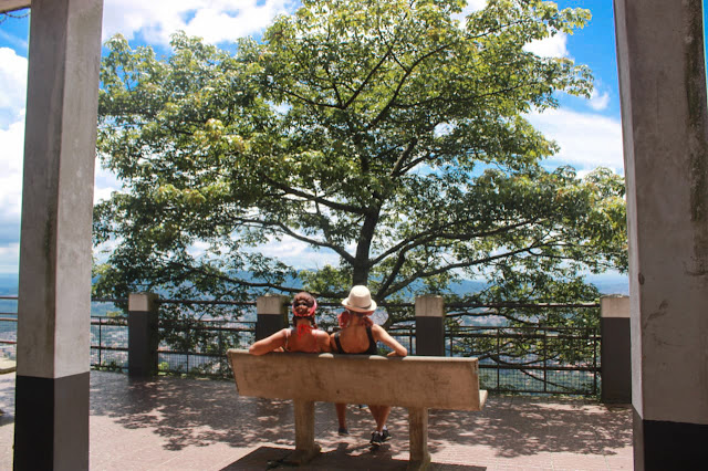 imagem de duas mulheres sentadas em um banco mostrando a árvore do local