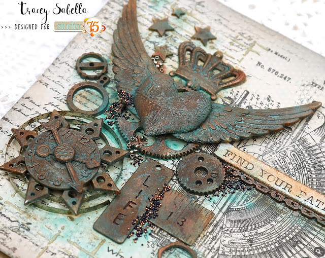 Industrial Steampunk Card by Tracey Sabella for Studio75: #studio75 #scrapiniec #finnabair #Primamarketing #thecraftersworkshop #timholtz #stampersanonymous #helmar #thermoweb #7gypsies #industrial #steampunk #rust #mixedmedia #masculine #masculinecard #card #cards #vintage #typewriter #wings