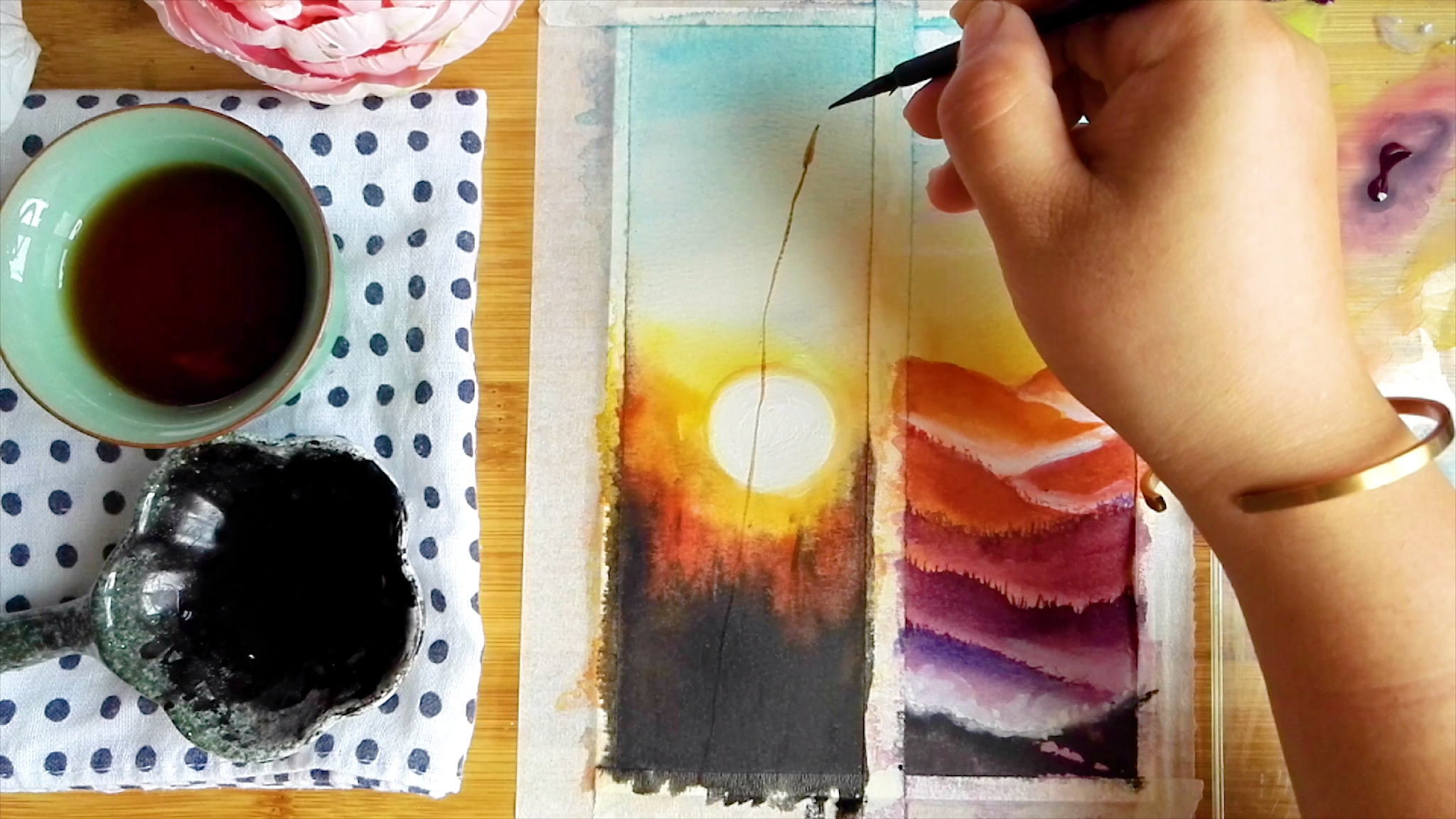 2Draw with black tea watercolor sunset landscape tutorial, come to see my online class