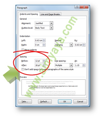 Gambar: Cara mengatur jarak antar spasi paragrah  di Microsoft Word 2007