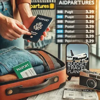 A budget traveler at the airport using travel deals and reward points for a discounted flight.