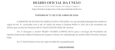 Imagem mostra portaria do Ministério da Agricultura sobre a Câmara do Açúcar e Álcool