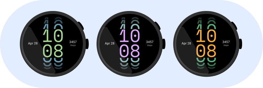 Three instances of the same watch face displayed in different color choices.