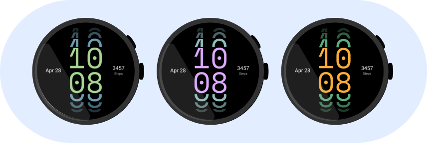 Se muestran tres instancias de la misma esfera del reloj en diferentes opciones de color.