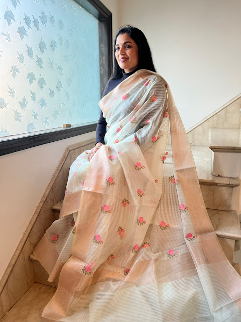 Embroidered saree with flower motifs