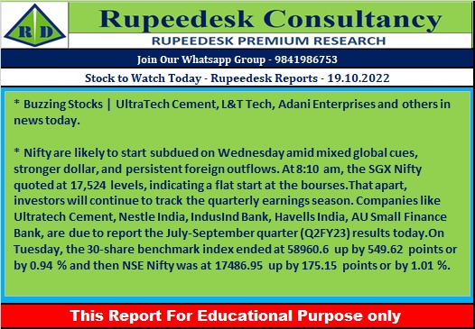 Stock to Watch Today - Rupeedesk Reports - 19.10.2022