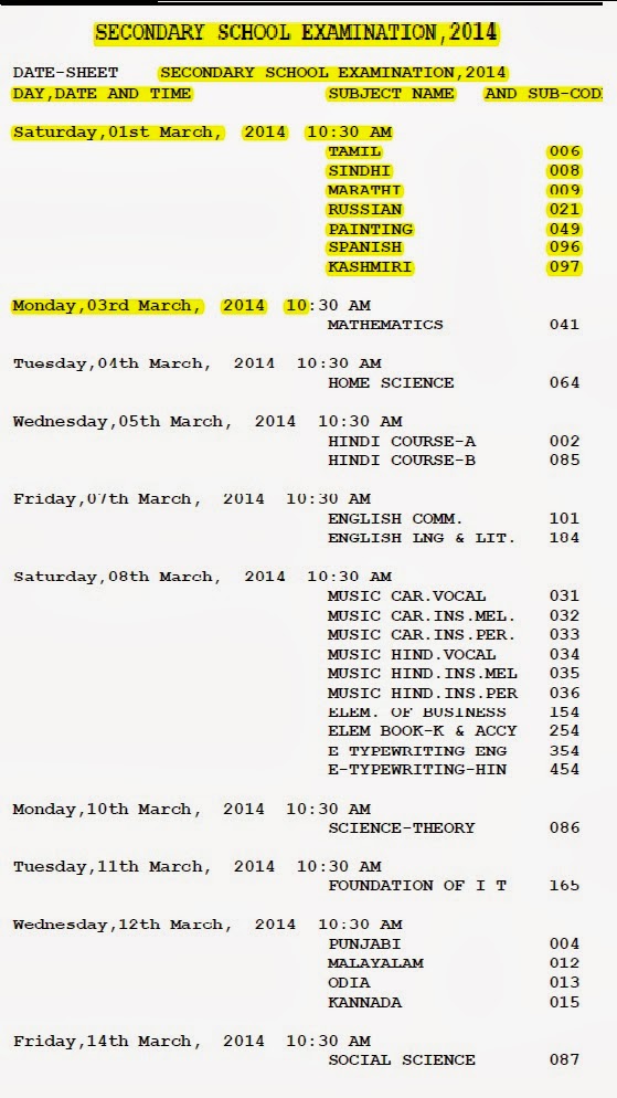 CBSE Time Table/Datesheet 2014 class 10th 