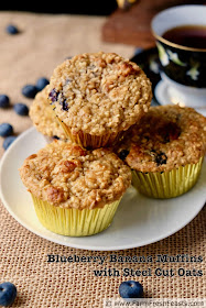 photo of a plate of banana blueberry muffins made with steel cut oats