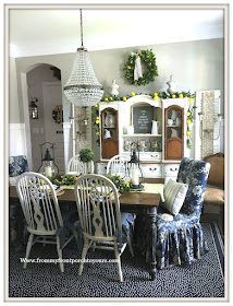 Late -Summer- Dining- Room -Decor-French-Country-Farmhouse-Lemons-Ballad-Bouquet-Blue-White-Decor-From My Front Porch To Yours