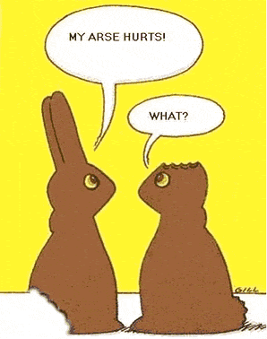 chocolate bunny missing butt and bunny missing ears trying to talk cartoon
