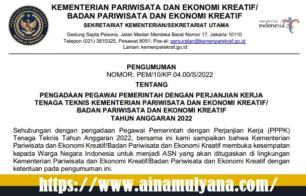 Pengumuman Resmi Pendaftaran dan Formasi PPPK Tenaga Teknis Dan Dosen Kementerian Pariwisata Tahun 2022