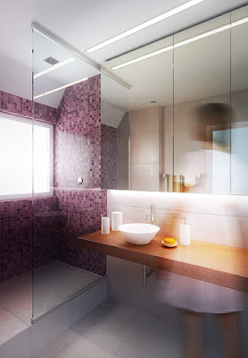 Perspective 3d salle de bain minimaliste rendu douche et vasque