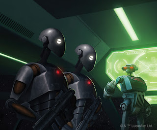 A Tactical Droid addressing two Command droids on the bridge of a starship, the glowing green main screen behind him.