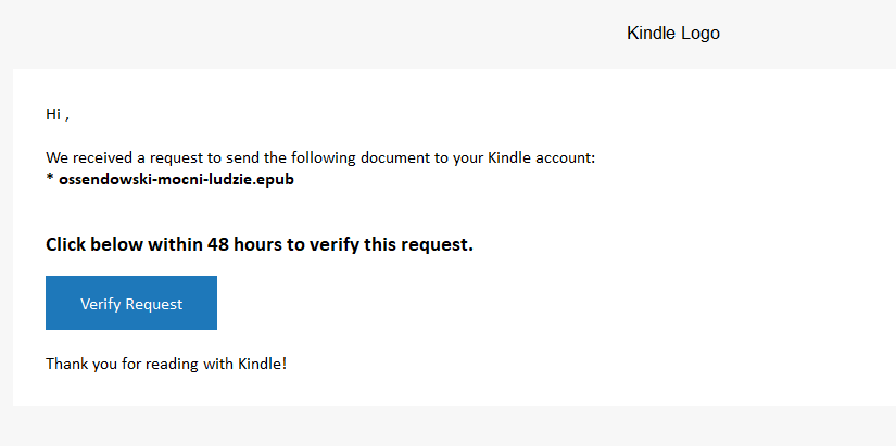 E-mail z linkiem weryfikacyjnym do zatwierdzenia wysyłki na Kindle e-booka w formacie EPUB