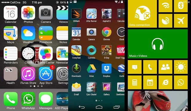 iOS7, Android Kitkat & Windows Phone screens
