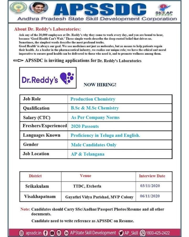 Dr Reddy's laboratories | Walk-in for Freshers at Etcharla & Vizag on 3&6 Nov 2020