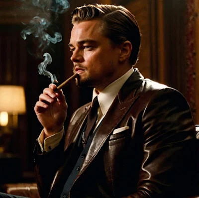 Leo DiCaprio from the side view wearing a brown leather blazer and trying to put a cigar in his mouth but missing it