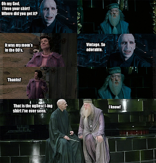 Harry Potter Voldemort Dumbledore Dolores Umbridge, oh my god, i love your shirt, where did you get it, it waas my moms in the 80s, vintage, so adorable, thanks, that is the ugliest fuckin shirt i ve ever seen, i know