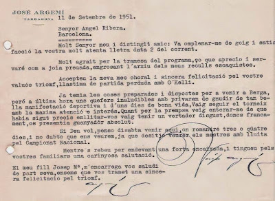 Carta de Josep Argemí a Ángel Ribera, 1951