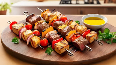 Illustration appétissante de brochettes méditerranéennes de bœuf et de poulet grillées à la perfection, avec des morceaux de steak, de poulet, d'oignons, de tomates cerises et de poivrons rouges, servies sur une planche en bois rustique avec un bol d'huile d'olive et une branche de persil frais, dans une cuisine chaleureuse et éclairée naturellement.