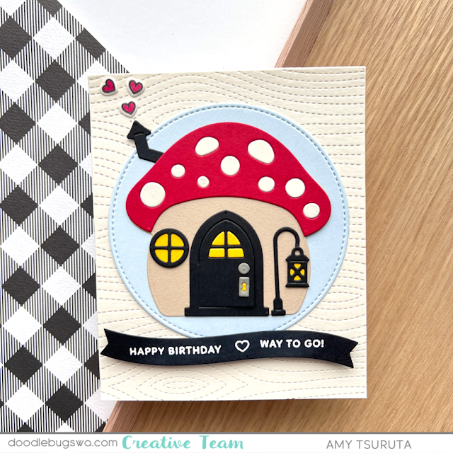 birthday and housewarming card using the Mushroom House die from Lawn Fawn