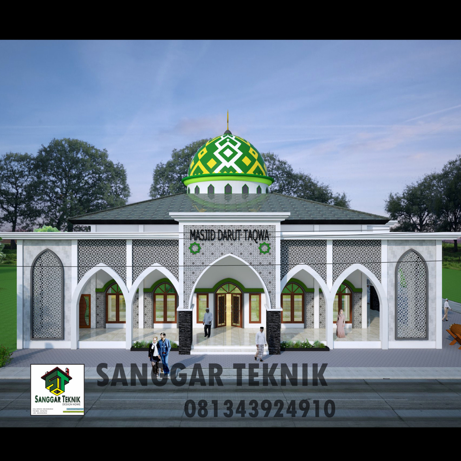 GAMBAR DESAIN MASJID SEMI MINIMALIS MODERN 2D 3D DWG FILE