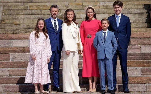 Princess Isabella is wearing her mother’s Max Mara outfit. Crown Princess Mary wore an embellished belted dress by Andrew Gn. Princess Marie