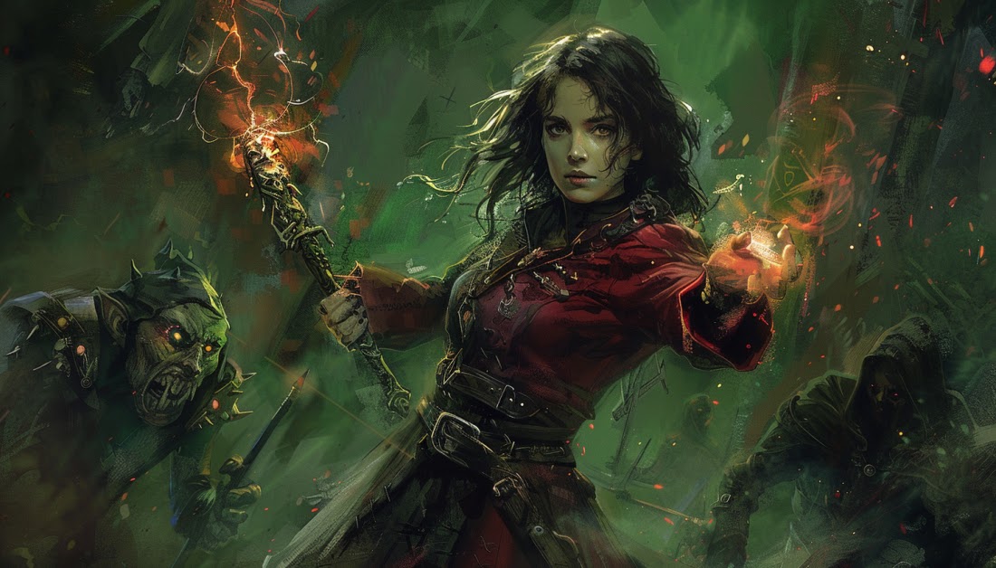 AI generated picture of a mage fighting orcs