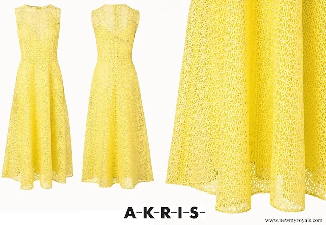 Princess Charlene wore Akris infinite embroidery long dress limoncello, yellow