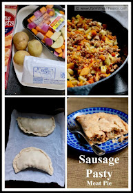 a collage photo showing how to make sausage pasty meat pies