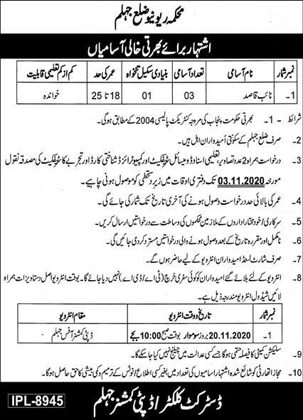 Jobs in Revenue Department 2020 Latest Advertisement For Naib Qasid Post